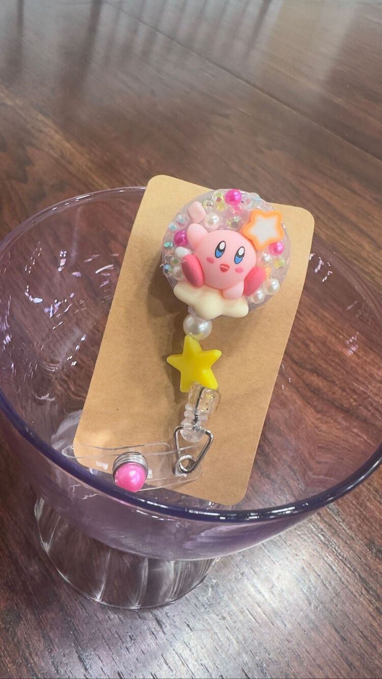 Kirby Nintendo Character Pink Clip On Badge Reel Handmade